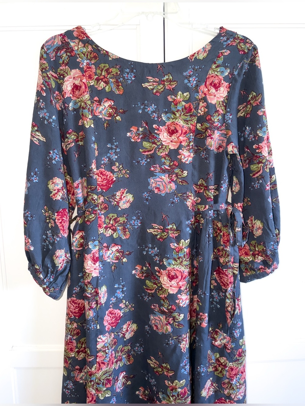 New! April Cornell Victorian Rose Slate Blue Midi Dress Pink Roses Side Ties - Picture 4 of 12